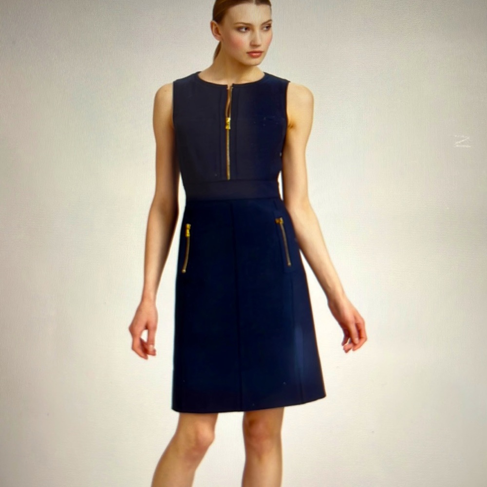 Tory Burch Mariel dress wool blend navy sleeveless midi with zippers